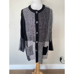 Sangam Tunic Blouse 3/4 Sleeve Black/ Grey Lagenlook Button Front Cotton Large